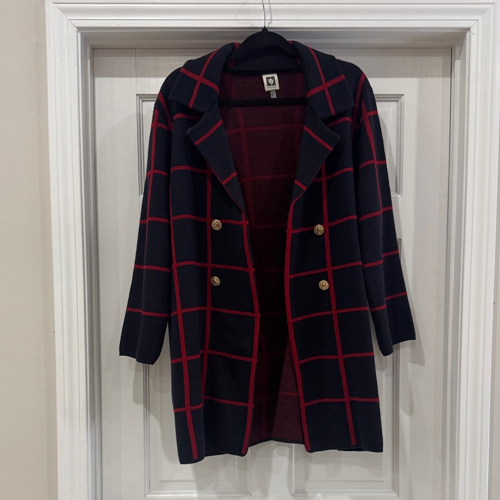 Anne Klein Navy Blue and Red Plaid Long Coat with Gold Buttons